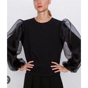 ZARA Black Crewneck Sweatshirt Sheer Organza Puff Sleeve Top M